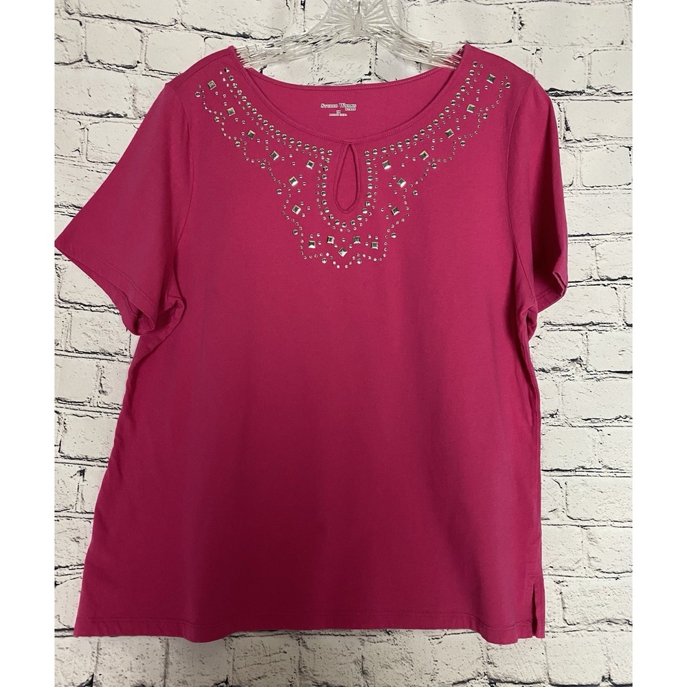 Studio Works 1X Womens Embellished Top Pink Magenta Short Sleeve